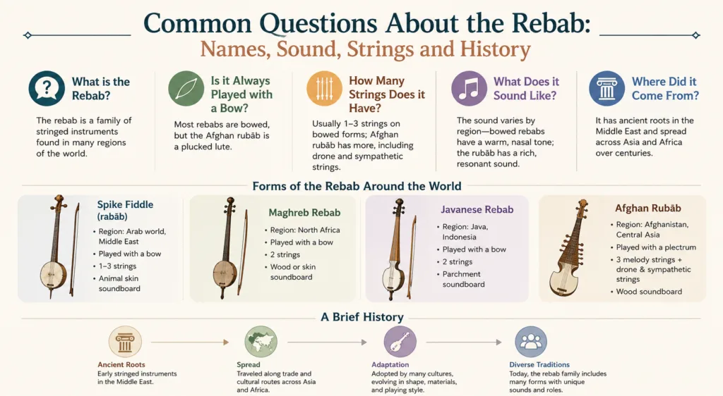 Common questions about rebab explore its names, sound, strings, and history, offering a detailed look into this traditional string instrument.