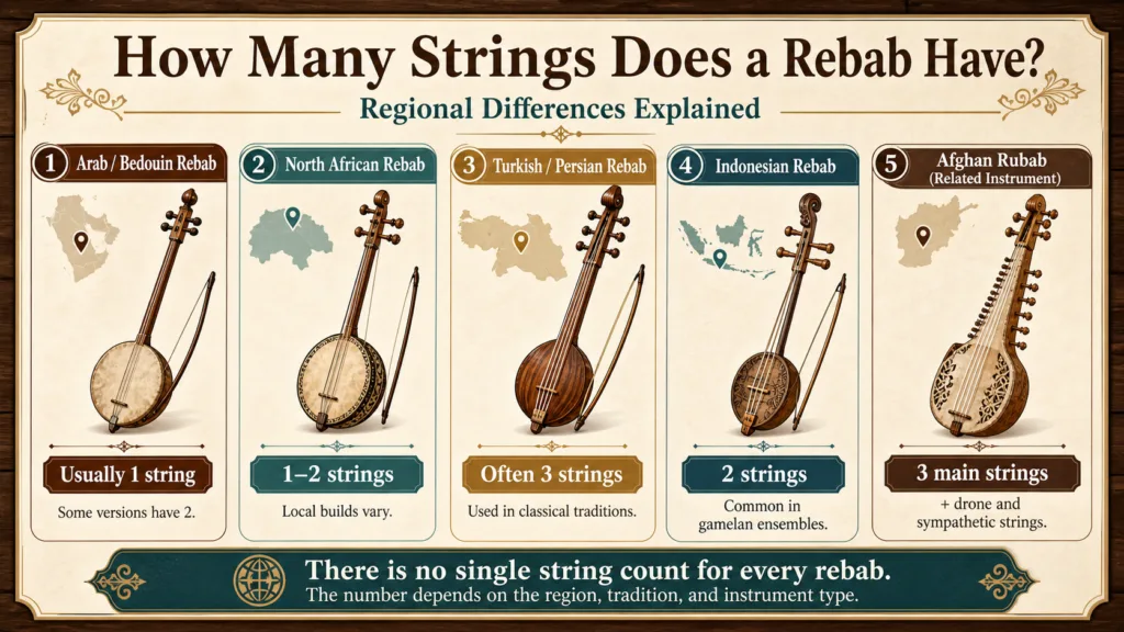 A traditional rebab with its strings and bow, showcasing regional variations in the number of strings for the rebab instrument.