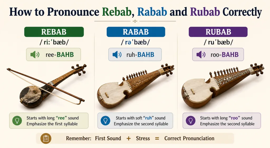 Rebab pronunciation guide showing how to correctly pronounce and identify the rebab instrument.