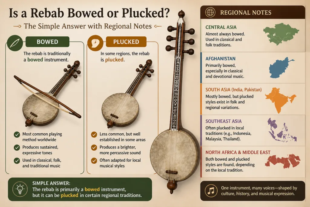 A rebab instrument can be played by bowing or plucking, with regional variations influencing the favored method.