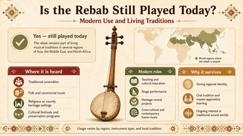 The rebab, a traditional string instrument, is still played today in modern musical traditions and lively performances around the world.