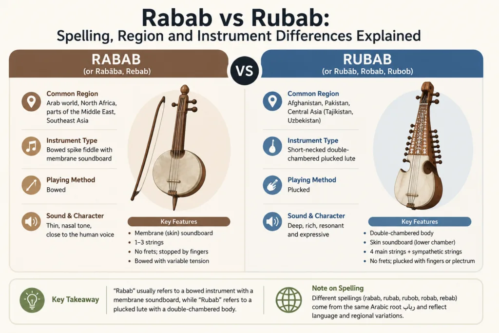 A detailed comparison of the rabab and rubab, showcasing their design, regional origins, and differences in appearance for music enthusiasts.