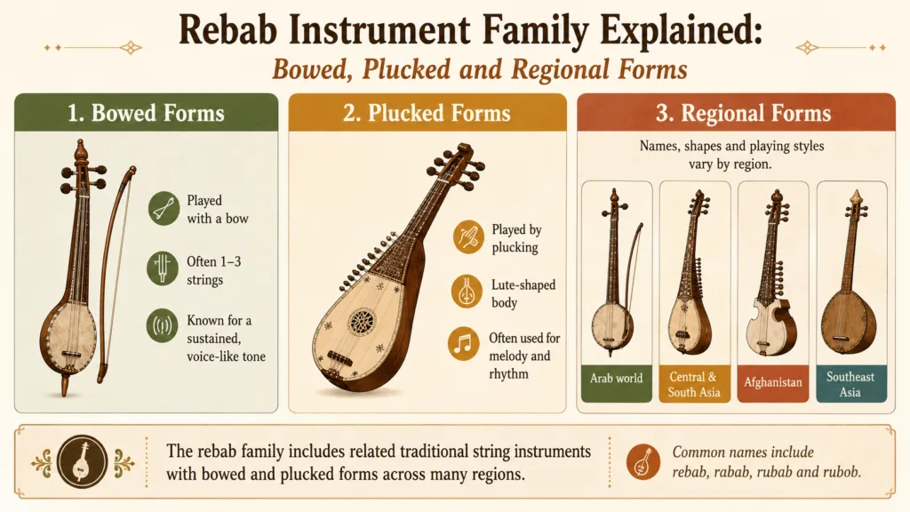 Rebab instrument family features bowed, plucked, and regional forms, showcasing the diverse techniques used in traditional string instrument performances.