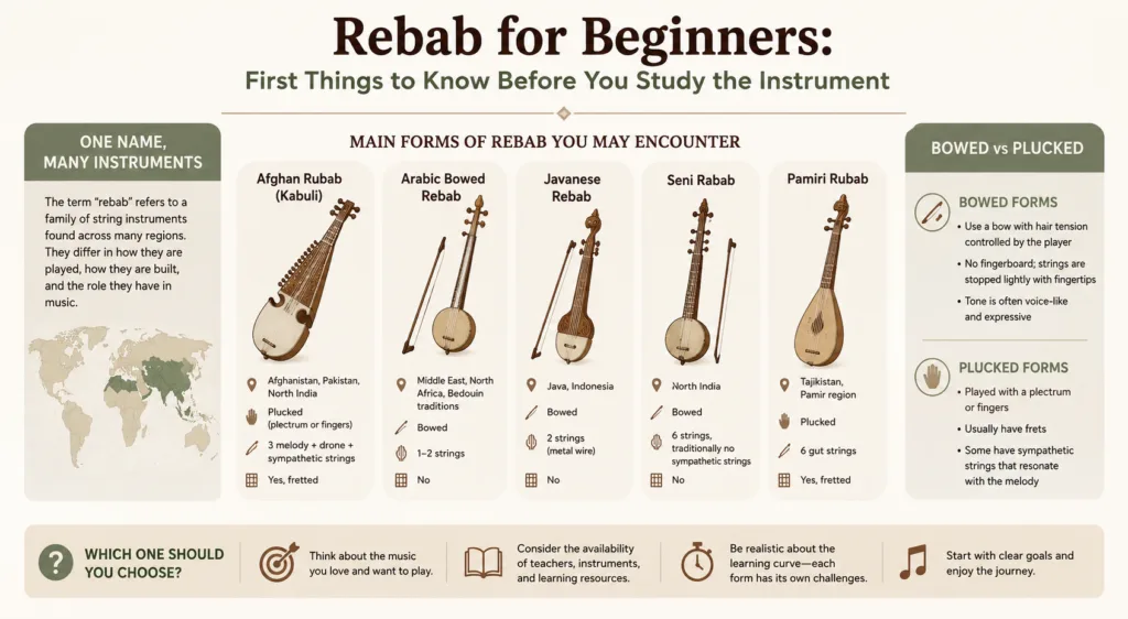 A beginner's guide to the rebab, showcasing various types of rebab instruments essential for new players starting to learn the string instrument.