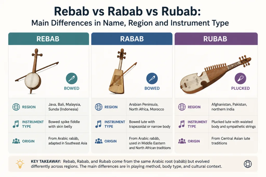 Rebab vs Rabab vs Rubab: An Indonesian rebab, Middle Eastern rabab, and Afghan rubab showcase the regional variations of this traditional string instrument.