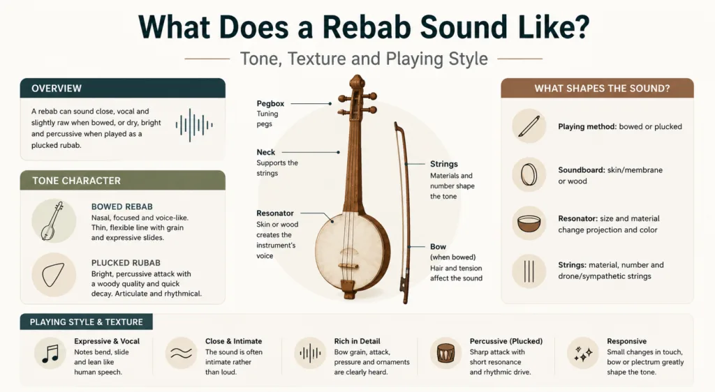 A rebab instrument showcasing its unique tone, texture, and playing style, illustrating what a rebab sounds like in traditional music.