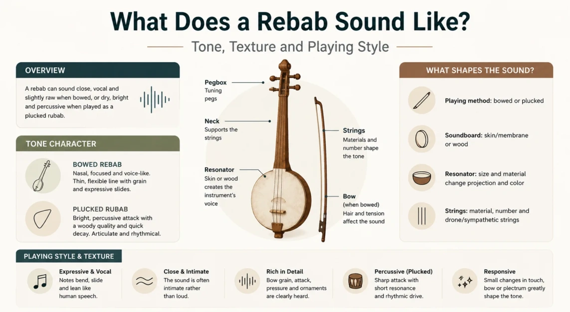 A rebab instrument showcasing its unique tone, texture, and playing style, illustrating what a rebab sounds like in traditional music.