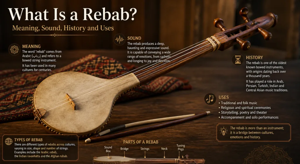 A traditional rebab instrument with a wooden body and strings, showcasing its unique design and cultural significance in Middle Eastern and Asian music.