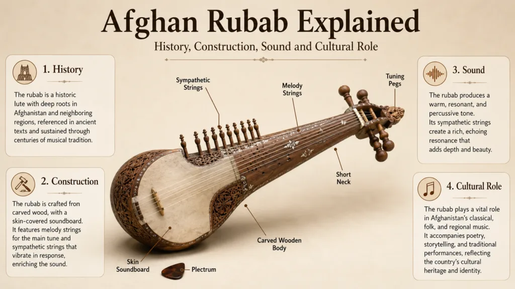 Afghan rubab, a traditional string instrument known for its rich sound and cultural significance, beautifully crafted with intricate details and a unique shape.