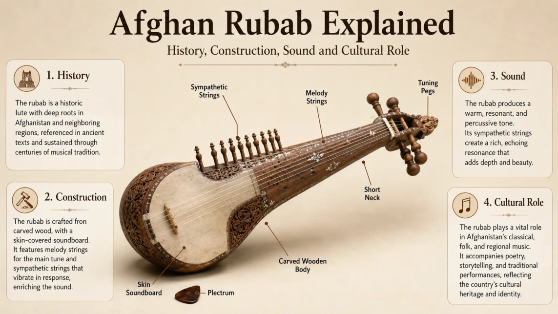 Afghan rubab, a traditional string instrument known for its rich sound and cultural significance, beautifully crafted with intricate details and a unique shape.