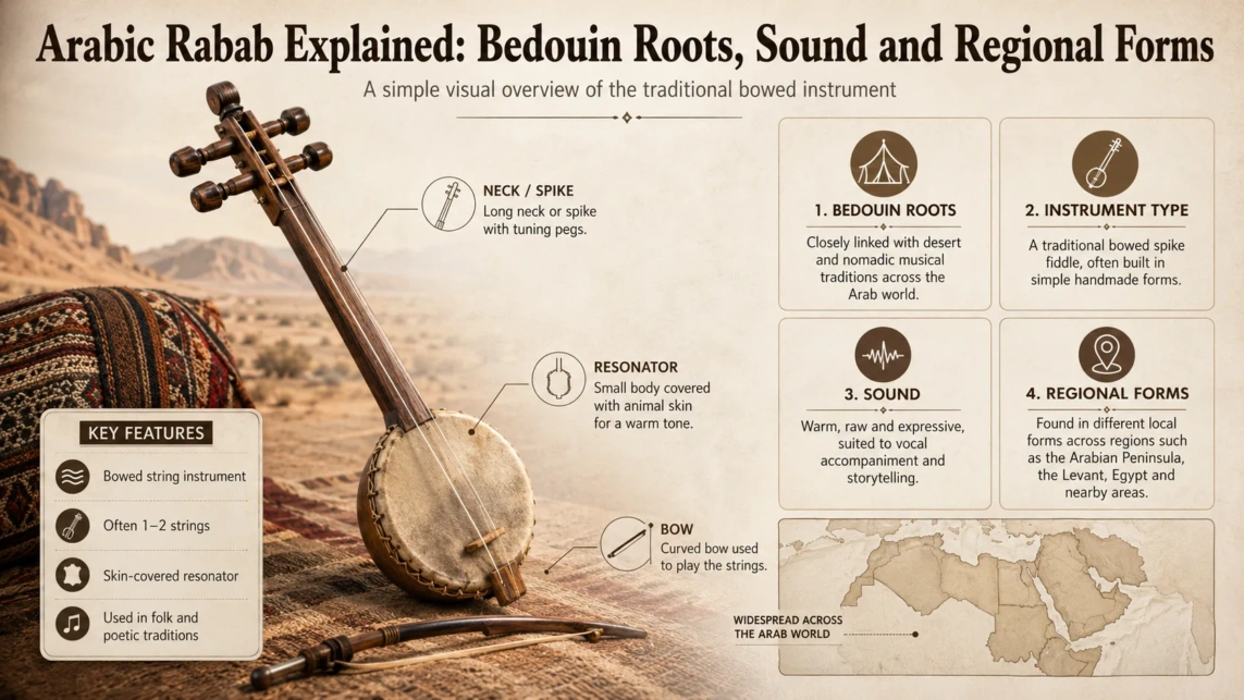 Arabic rabab with Bedouin roots, showcasing its unique sound and regional variations in traditional musical settings.