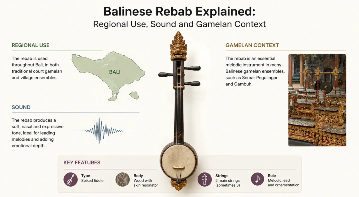 A Balinese rebab shown with traditional use in gamelan music and its distinctive sound, highlighting its role in regional musical performances.