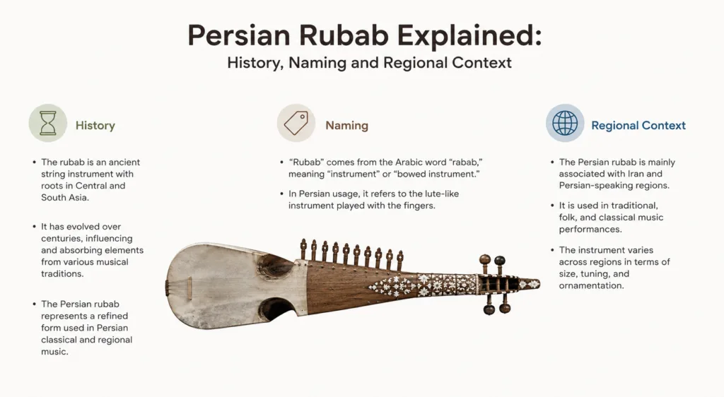 A Persian rubab with its distinctive carved neck and resonator, showcasing the traditional stringed instrument used in regional music.