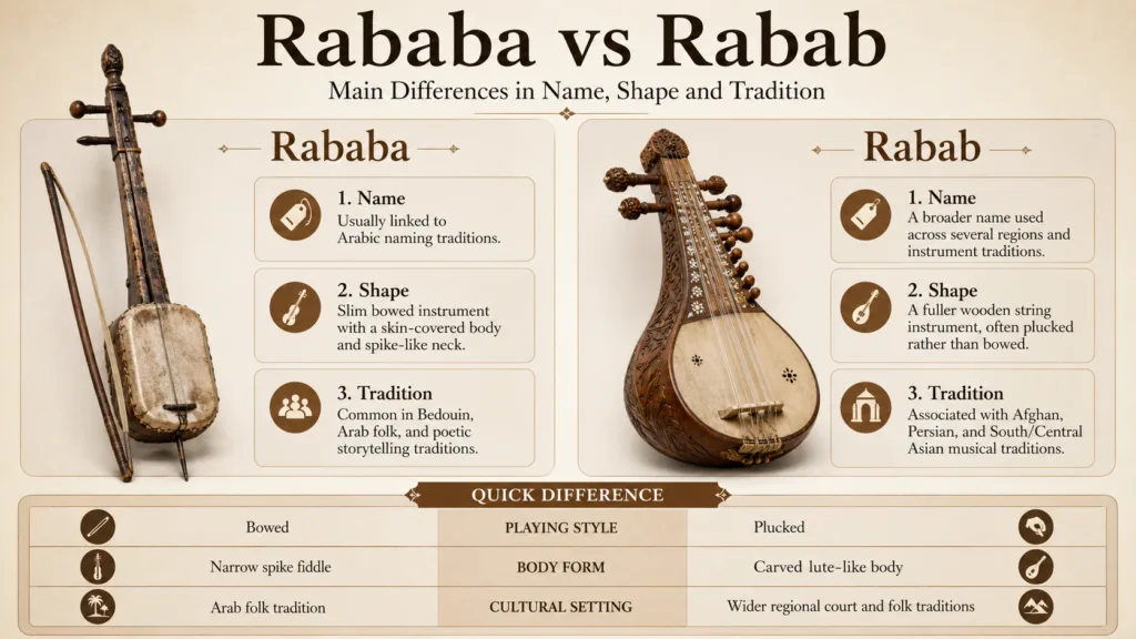 A comparison of Rababa and Rabab highlighting differences in name, shape, and traditional features of these Middle Eastern string instruments.
