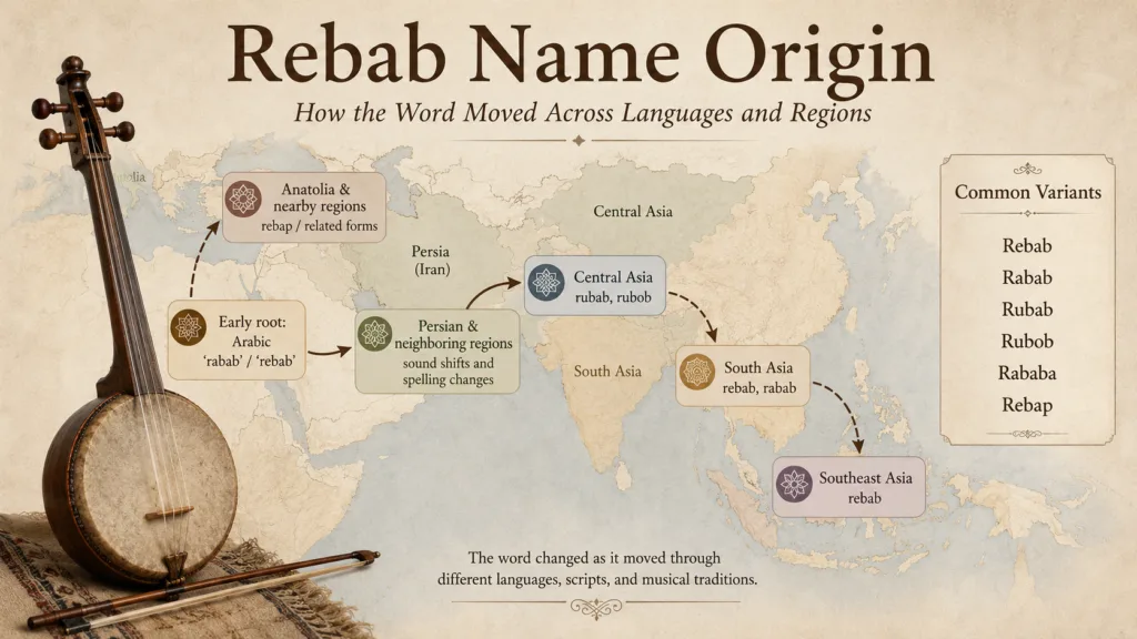 Rebab name origin shows how this traditional instrument's name spread across different languages and regions worldwide.