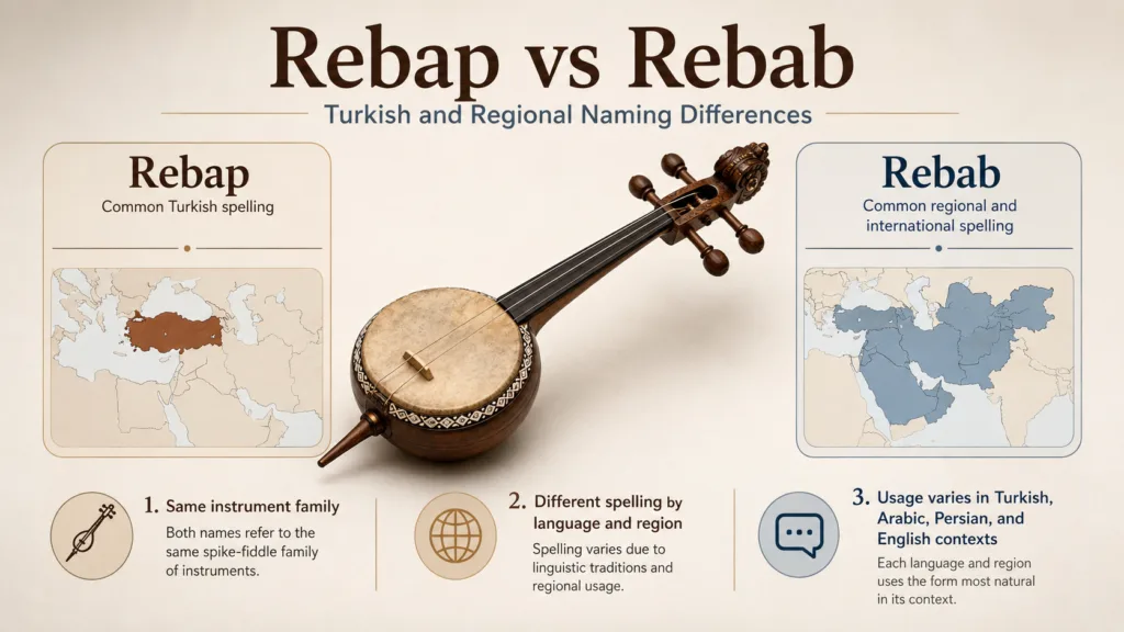 Traditional rebap and rebab instruments showcase Turkish and regional naming differences, highlighting unique musical styles across cultures.