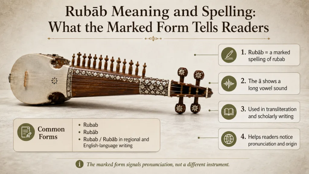 A traditional rubab instrument with detailed views, showcasing the distinctive spelling and cultural significance of the rubab meaning.