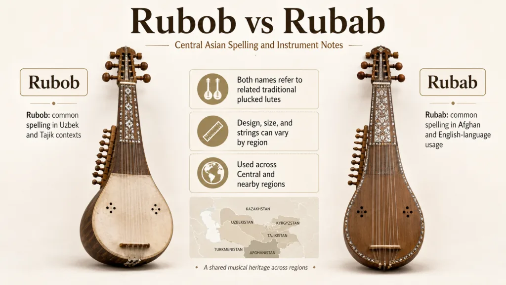 Rubob vs Rubab: Central Asian string instruments with similar rich sound, traditional design, and distinct playing techniques.
