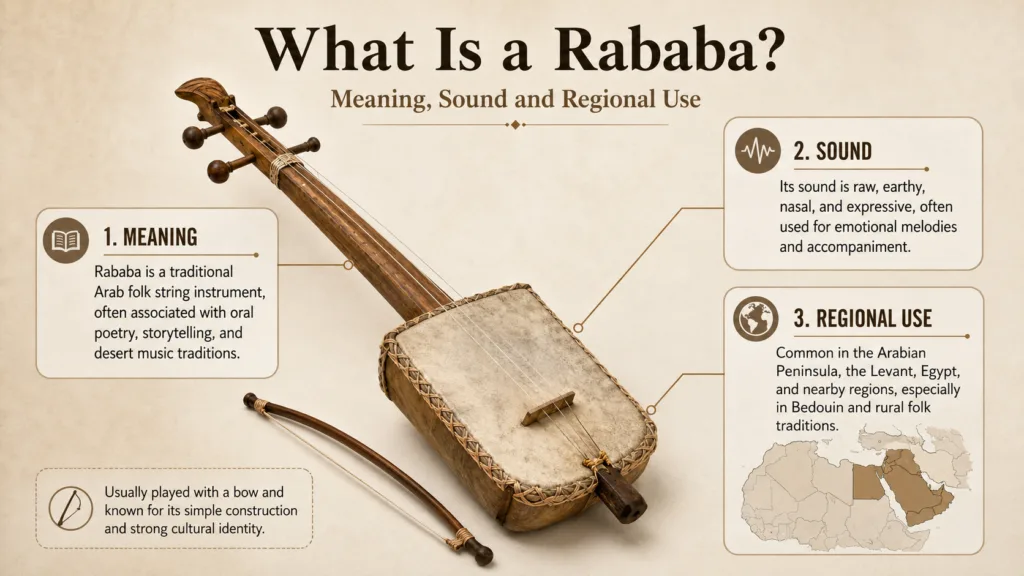 A traditional rababa instrument used in regional music, showcasing its handmade wooden body and strings that produce a distinct sound for folk performances.