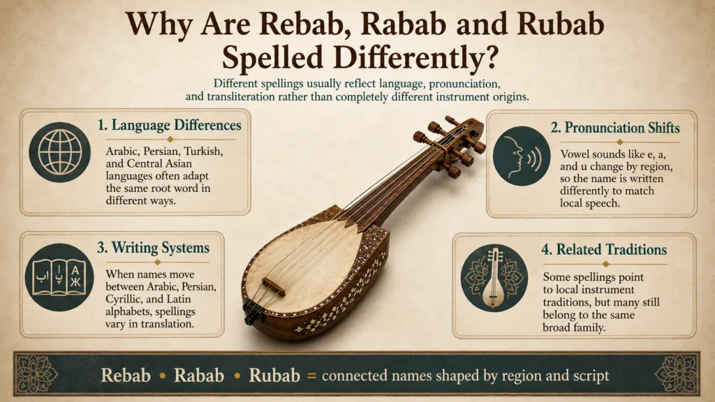 A Rebab instrument showcasing traditional craftsmanship, illustrating why rebab, rabab, and rubab are spelled differently in various regions.