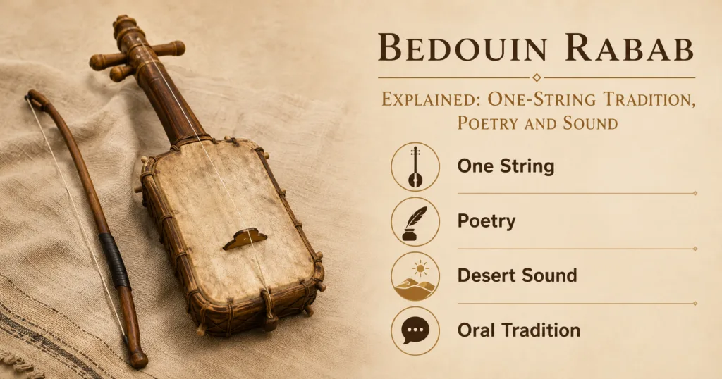 The bedouin rabab is a traditional one-string instrument known for its poetic sound and significance in Bedouin music and desert storytelling.