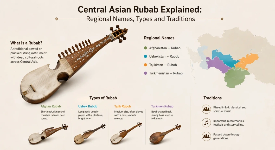 Central Asian rubab with different regional names and types, showcasing its traditional design and craftsmanship as a key instrument in Central Asian music.
