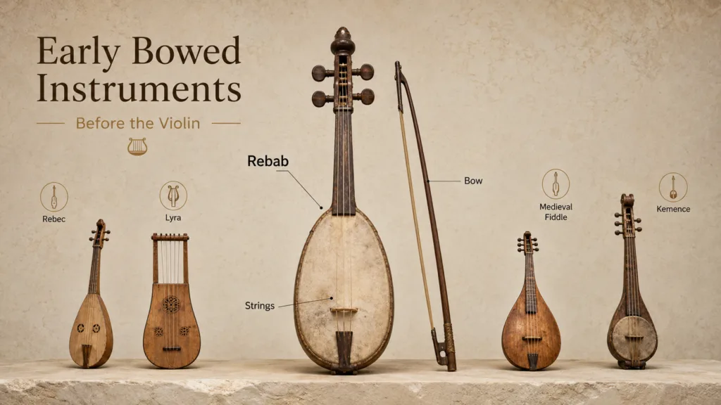 The early bowed instrument known as the rebab, a precursor to the violin, showcases traditional craftsmanship in the history of early bowed instruments before t…