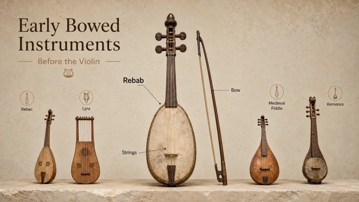 The early bowed instrument known as the rebab, a precursor to the violin, showcases traditional craftsmanship in the history of early bowed instruments before t…