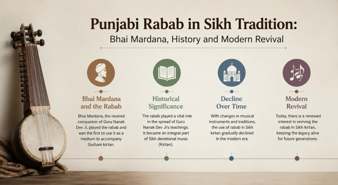 Punjabi rabab used in Sikh tradition, showcasing its historical significance and modern revival by Bhai Mardana.
