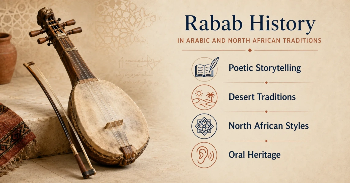 Rabab history in Arabic and North African traditions showcased with a traditional string instrument and cultural symbols.