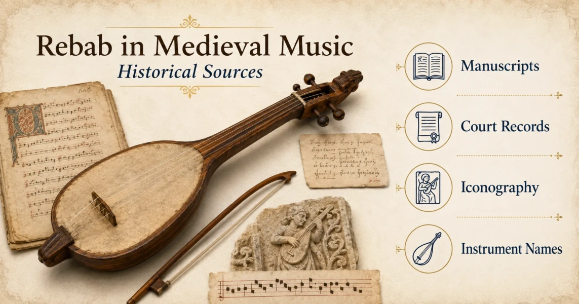 Rebab in medieval music is shown in historical sources with its distinctive pear-shaped body and strings, illustrating its role in traditional musical performan…