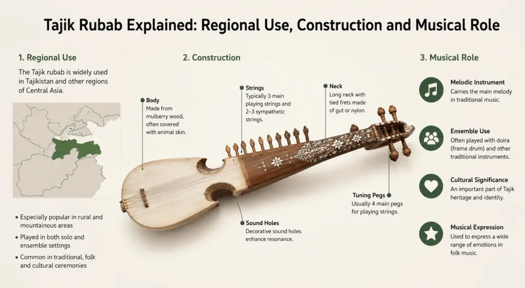 Tajik rubab shown with its traditional construction and role in regional music, highlighting its unique design and sound in Tajik musical culture.