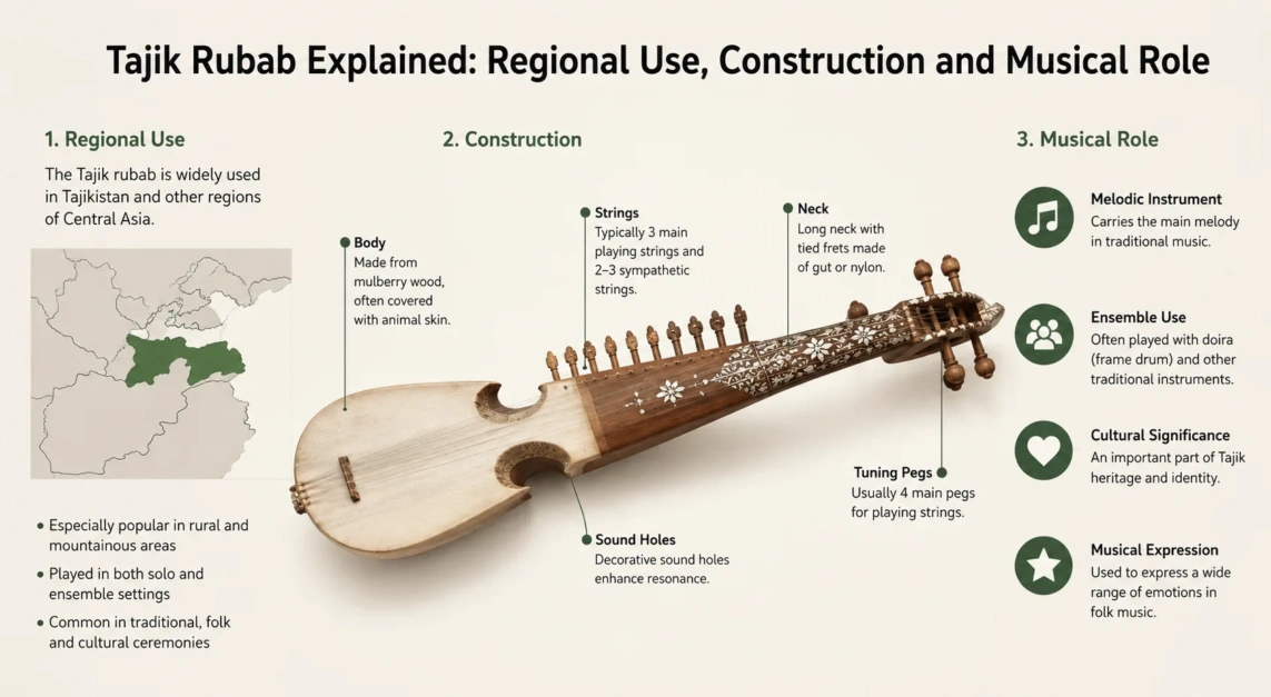 Tajik rubab shown with its traditional construction and role in regional music, highlighting its unique design and sound in Tajik musical culture.