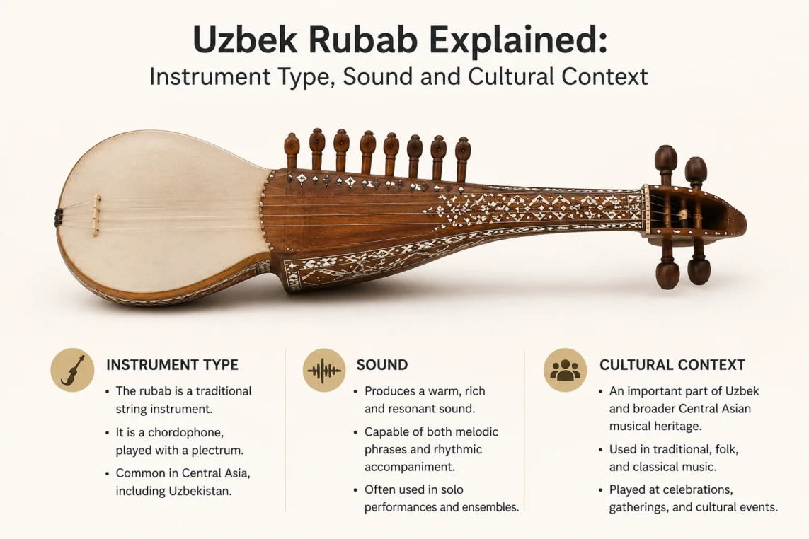 Uzbek rubab, a traditional string instrument known for its deep sound and cultural significance in Central Asian music.