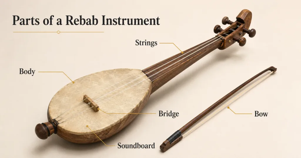Parts of a rebab instrument including the body, strings, bow, bridge, and soundboard highlighted for traditional string instrument enthusiasts.