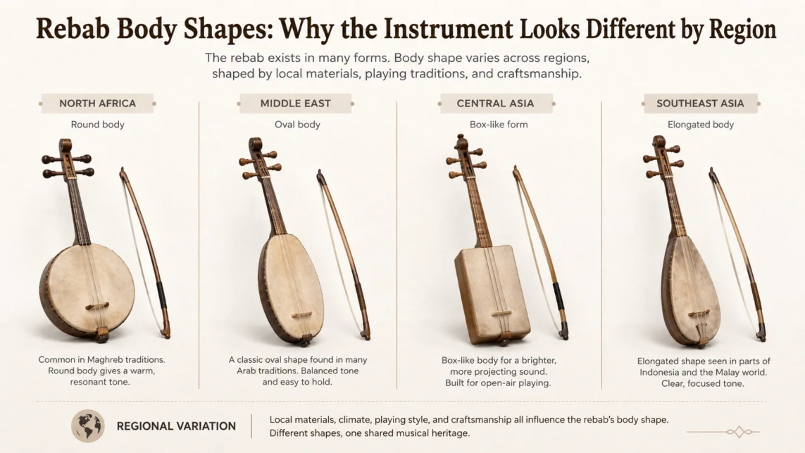 Rebab body shapes vary by region, showcasing different styles and craftsmanship, highlighting the unique characteristics of this traditional string instrument.