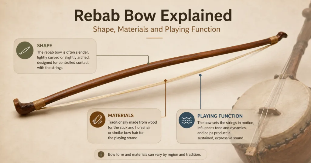 A detailed rebab bow showing its shape, materials, and role in producing melody for traditional music performances.