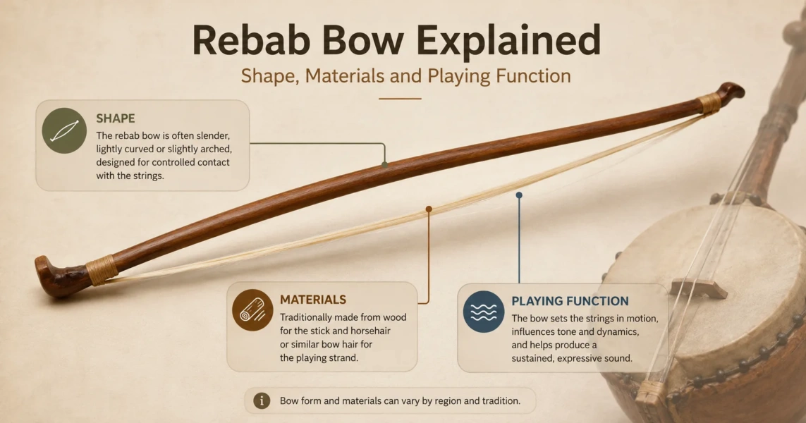 A detailed rebab bow showing its shape, materials, and role in producing melody for traditional music performances.
