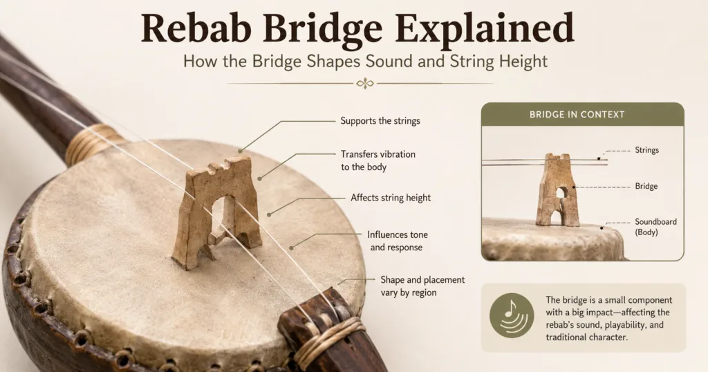 Rebab bridge plays a key role in shaping the sound and string height of this traditional string instrument.
