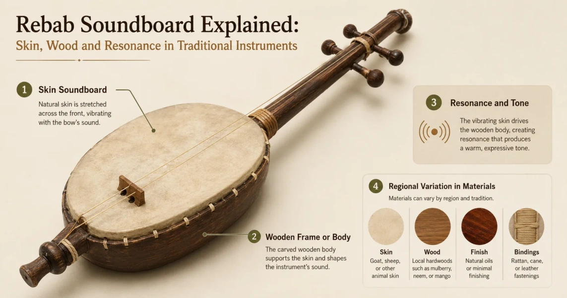 Traditional rebab soundboard showcasing skin, wood, and resonance features that contribute to its unique musical tone.