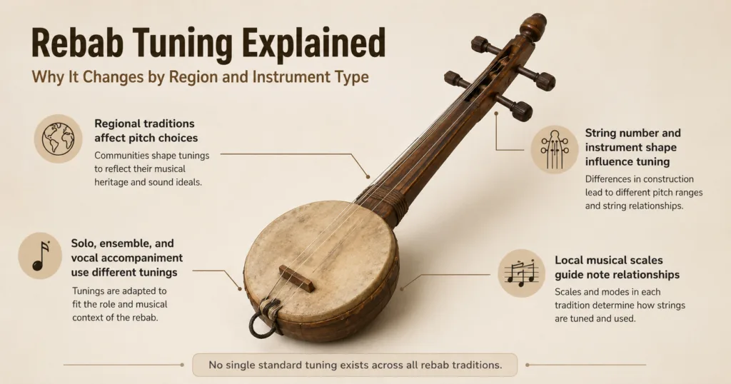 Rebab tuning varies by region and instrument type, showcasing the unique sound and craftsmanship of this traditional string instrument.