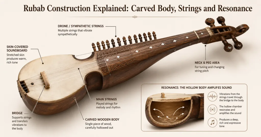 Rubab construction features a carved wooden body, set of strings, and a resonator that create its distinctive sound and rich tone.