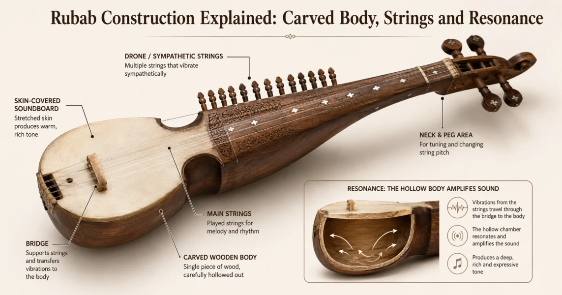 Rubab construction features a carved wooden body, set of strings, and a resonator that create its distinctive sound and rich tone.