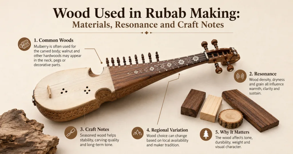 The wood used in rubab making showcases the traditional materials that contribute to its unique resonance and craftsmanship.