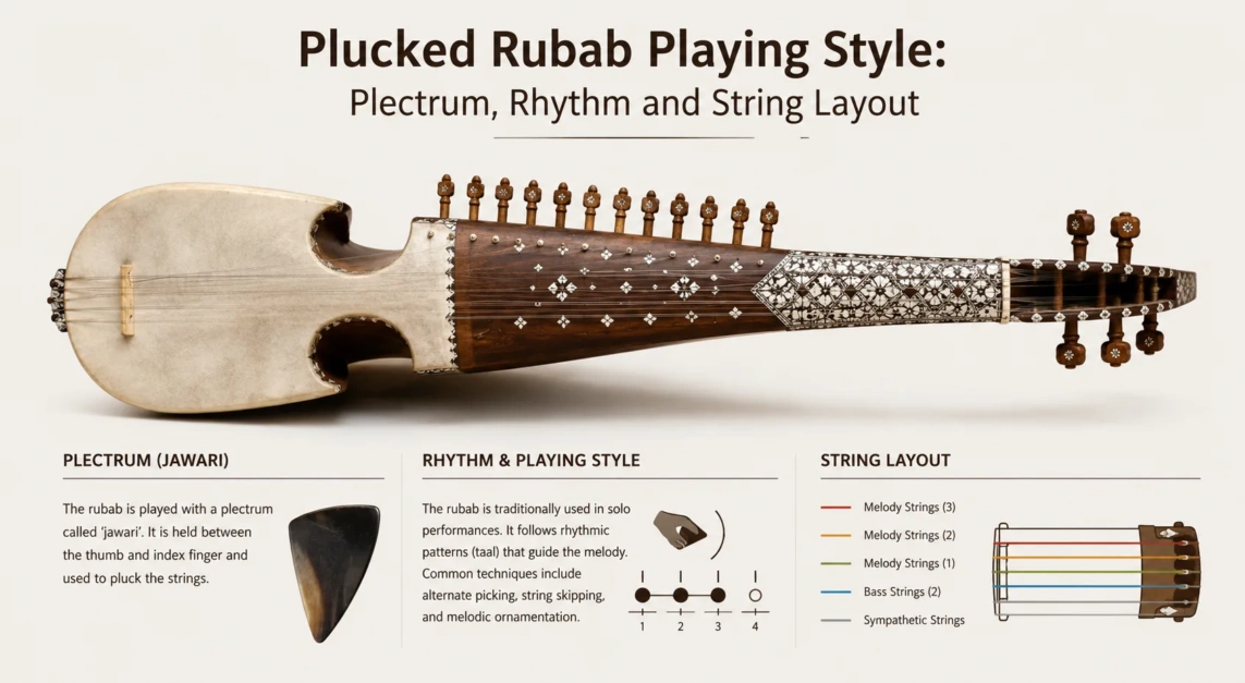 The plucked rubab playing style showcases how to use a plectrum for rhythm and features the instrument's unique string layout for expressive playing.