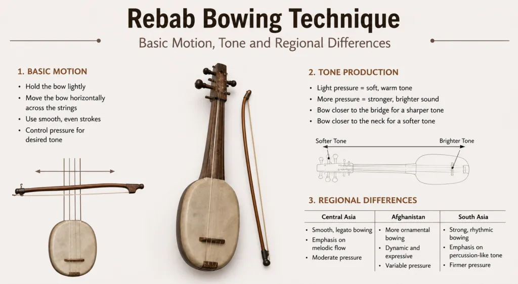Rebab bowing technique emphasizes smooth motion and tonal control, with regional variations affecting how musicians perform this traditional instrument.