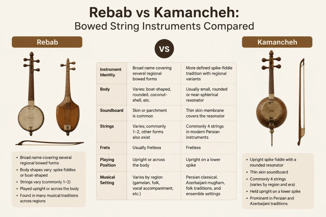Rebab vs Kamancheh: a comparison of traditional bowed string instruments highlighting their unique structures and sounds.