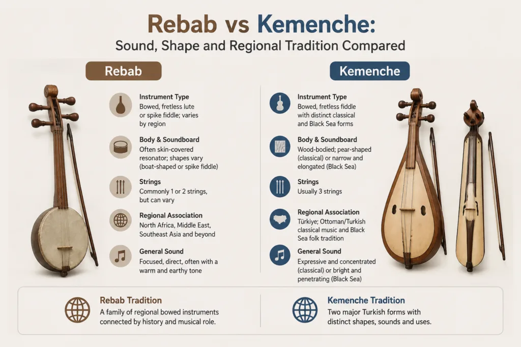 Rebab vs Kemenche showcasing their unique shapes and traditional sounds in regional musical styles.