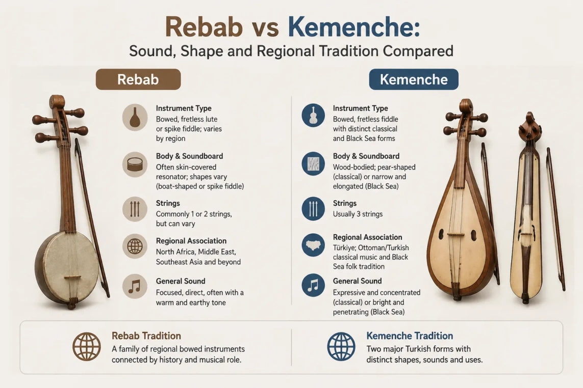 Rebab vs Kemenche showcasing their unique shapes and traditional sounds in regional musical styles.