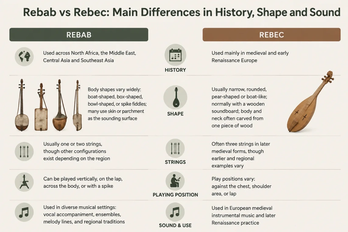 A comparison of rebab and rebec highlights their differences in history, shape, and sound in traditional string instruments.